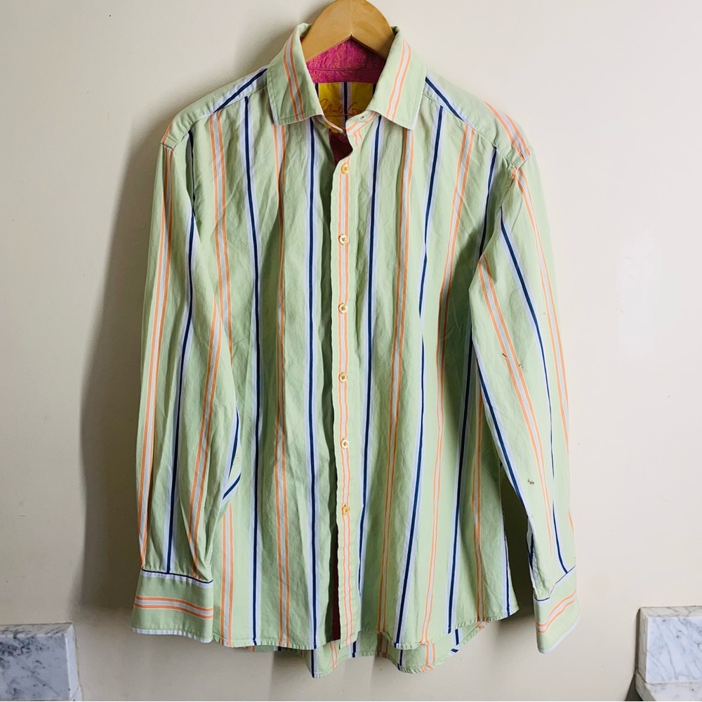 Robert Graham Knowledge Wisdom Truth Green Striped Button Down Shirt size XL